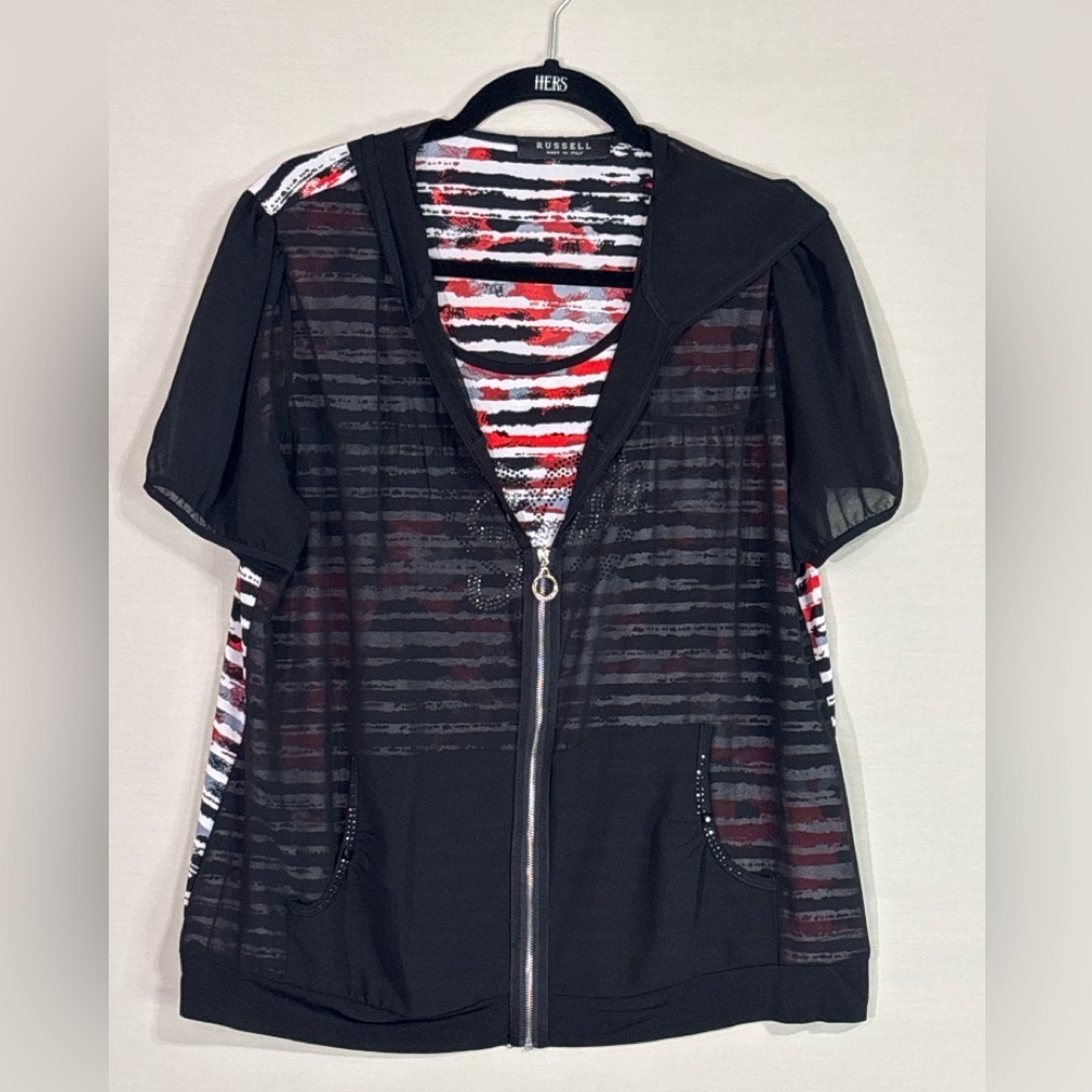 Russell Italy Hooded Rhinestone Zip Top Black Red Stripe